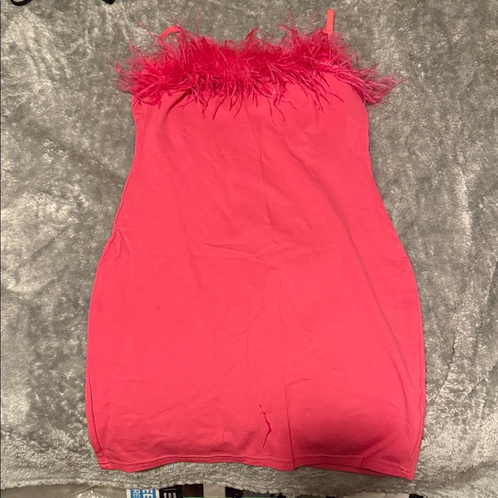 Fashion Nova Pink Feather Trim Mini Dress